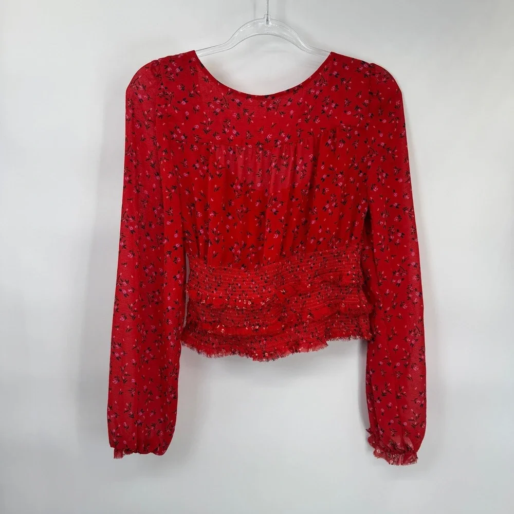 Free People Red Floral Smocked‎ Crop Top Long Sleeve Country Boho Blouse Medium